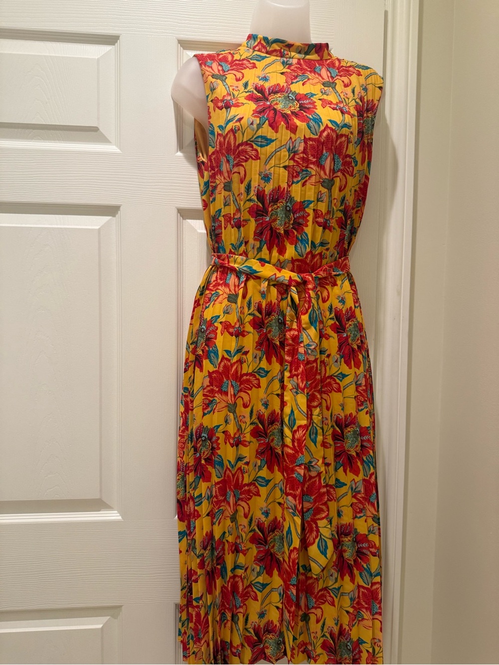 Tahari ASL Yellow Maxi Dress with Red Floral Print